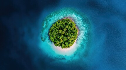 Aerial view of a remote island surrounded by coral reefs and deep blue ocean waters