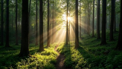 Obraz premium Forest with Sunlight Streaming Through Trees