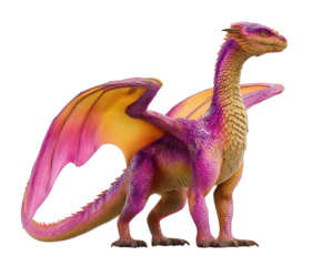 Colorful dragon with vibrant pink and orange wings, standing majestically against transparency background, showcasing intricate scales and fierce expression. This mythical creature embodies