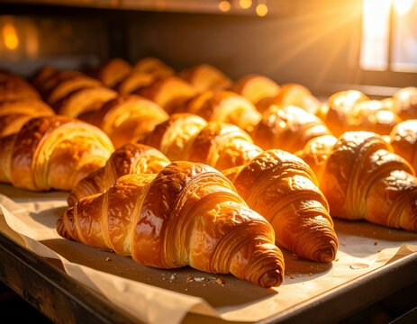 Rows of golden croissants freshly baked on a tray under warm light in a bakery oven setting
