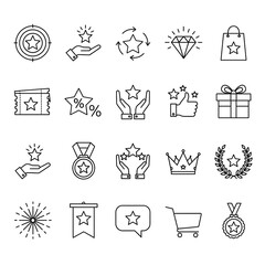 A collection of line art icon set elements depicting rewards achievements and recognition for use in design projects