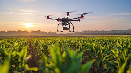 Drone flying over a field of green crops at sunrise for agricultural monitoring and data collection