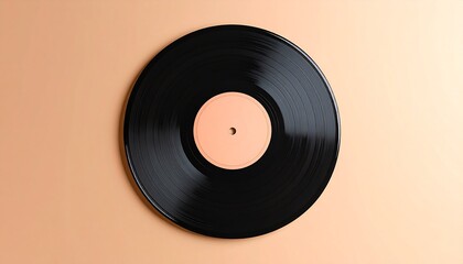 Black vinyl record on pastel peach background with retro music aesthetic