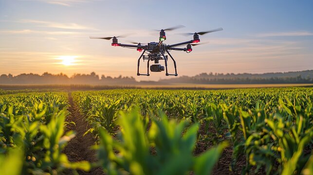 Drone flying over a field of green crops at sunrise for agricultural monitoring and data collection