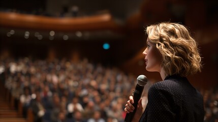 Woman Speaker at Conference, Public Speaking Event, Motivational Talk, Auditorium, Microphone, Leadership, Businesswoman, Female Presenter,  Keynote Speech