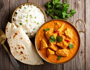 Top down view of butter chicken with rice and naan bread on a rustic wooden surface setting food photography