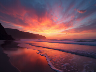 Vibrant Sunset Beach Reflection with Waves and Colorful Sky Landscape Art