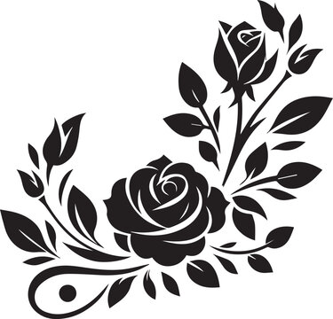 Elegant silhouette of a rose with a budding rose and leaves. Ideal for floral stencil art and decorative designs. Suitable for prints, tattoos, and romantic themes.