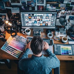 A graphic designer working at a cluttered desk with multiple screens and design elements in the office