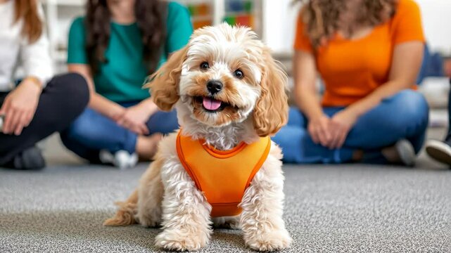 Smiling small dog wearing orange vest sitting on carpeted floor surrounded by casually dressed people, illustrating pet interaction and companionship
