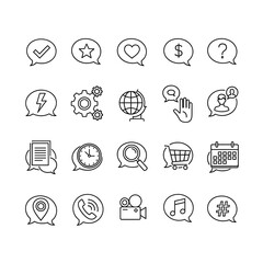 A comprehensive black and white line art icon set showcasing a variety of symbols for communication, business, and everyday tasks
