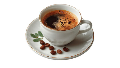 Fototapeta premium [Transparent Background PNG]Aromatic Coffee Cup with Beans and Leaves