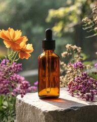 Amber Glass Dropper Bottle with Essential Oil Natural Flowers Outdoor Setting Herbal Remedy