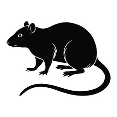 A simple, solid black rat silhouette with a curved tail, rounded ears, and a small pointed snout, capturing the sleek, cautious posture of the rodent.
