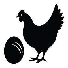 A simple black silhouette of a chicken standing beside a perfectly shaped egg, symbolizing the timeless question of which came first. Clean, minimal, and thought-provoking.
