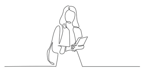 one continuous line drawing of female college student.woman standing with bag and books.symbol sign of education,university,college.one single line vector