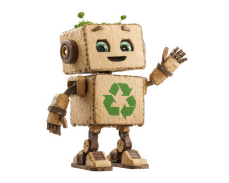 Eco friendly recycling robot with friendly expression, made of natural materials, featuring green recycling symbol. This character promotes sustainability and environmental awareness