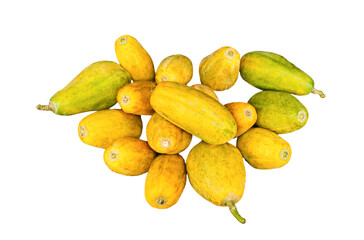 a bunch of yellow and green fresh papayas fruit on a transparent background, group of yellow papayas 