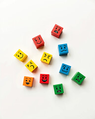 Colorful Cubes with Cartoon Facial Expressions Showing Emotions Like Happy, Sad, Angry, and Surprised on White Background for Emotional Learning, Kids Education, Therapy, and Creative Development Them