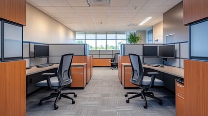 Interior view of an office space with cubicles desks chairs and computer monitors in a well lit area