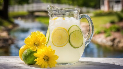 Refreshing lemon-lime beverage in a clear glass pitcher garnished with citrus slices and ice cubes, placed on a weathered wooden surface with whole limes, a lemon, and bright yellow daisy-like flowers