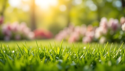 Fresh Spring Garden Background with Green Grass and Blurred Foliage Bokeh








