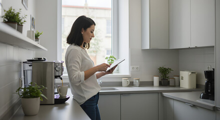 Young Woman Using Tablet While Standing in Modern Kitchen with Natural Light and Plants