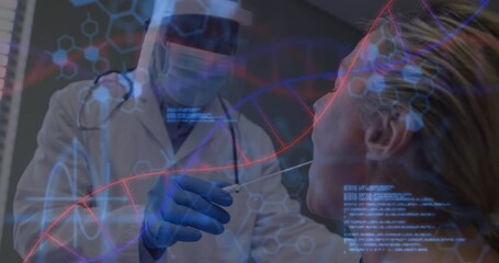 Masked doctor entering room, taking nasal swab from woman for gene analysis with DNA helix growing - Powered by Adobe