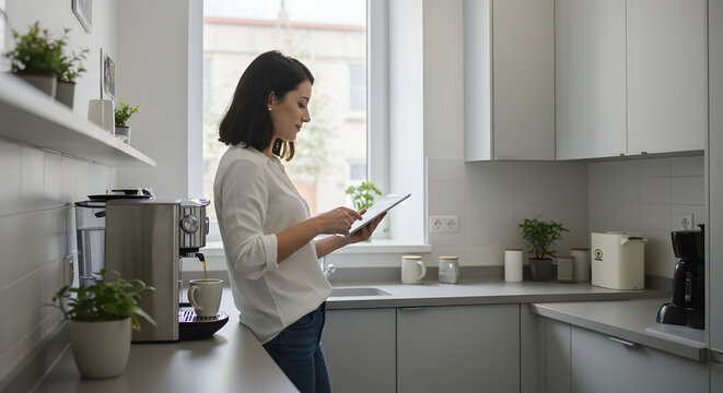 Young Woman Using Tablet While Standing in Modern Kitchen with Natural Light and Plants