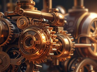 “Steampunk AI Engine with Brass Details and Glowing Core over Vintage Bokeh Background – Ultra HD Mechanical Tech Art”