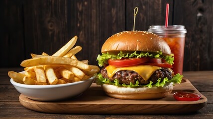 Close up of tasty American burger, shawarma and french fries on a wooden plate.