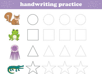 Handwriting Practice. Tracing lines of different shape for kids with animals. Vector Illustration