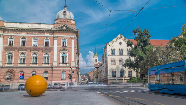 Street near new building of Croatian Music Academy timelapse in Zagreb, Croatia.