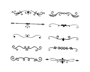 Text dividers doodle set. Wedding decorative elements. Divider ornament, borders, vintage line separators. Hand drawn vector illustration isolated on white background