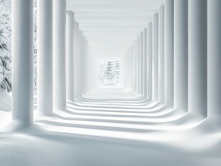 Minimalist white geometric background with symmetrical light-shadow lines: futuristic tech aesthetic for product displays, architectural visualization, or interior design