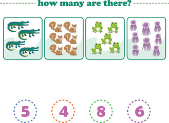 Counting game of wild animals for preschool kids. Printable. Vector Illustration
