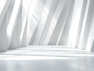 Minimalist white geometric background with symmetrical light-shadow lines: futuristic tech aesthetic for product displays, architectural visualization, or interior design