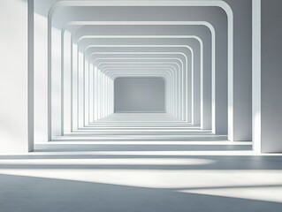Minimalist white geometric background with symmetrical light-shadow lines: futuristic tech aesthetic for product displays, architectural visualization, or interior design