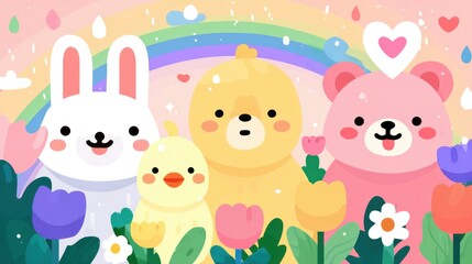 Naklejka premium Kawaii vector-style illustration of spring animals: smiling bunny, puppy, chick, and bear, surrounded by tulips, daisies, hearts, and rainbows, bright pastel colors, flat design.