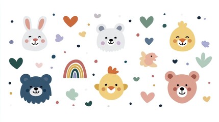 Fototapeta premium Minimalist icons of cute baby animals (bunny, chick, bear), surrounded by pastel hearts, floral elements, and rainbow accents, clean flat design, white background.