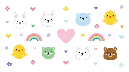 Minimalist icons of cute baby animals (bunny, chick, bear), surrounded by pastel hearts, floral elements, and rainbow accents, clean flat design, white background.