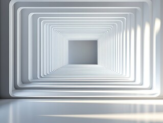 Minimalist white geometric background with symmetrical light-shadow lines: futuristic tech aesthetic for product displays, architectural visualization, or interior design
