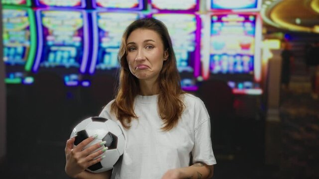 Woman holding soccer ball indoors at casino with vibrant slot machines in background, depicting youthful energy and excitement.