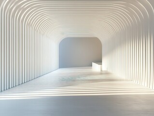 Minimalist white geometric background with symmetrical light-shadow lines: futuristic tech aesthetic for product displays, architectural visualization, or interior design