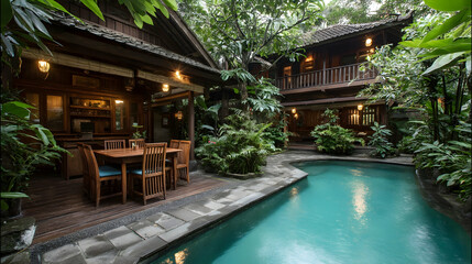 Wooden Deck by a Tranquil Pool in a Tropical Garden
