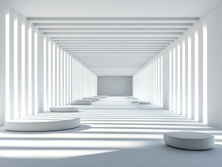 Minimalist white geometric background with symmetrical light-shadow lines: futuristic tech aesthetic for product displays, architectural visualization, or interior design
