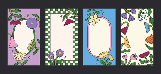 Stories template with stylized floral elements. Groovy flat design, colorful posters. Rewilding retro design.