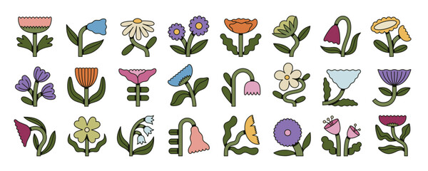 Set of groovy floral icons with bold outlines and flat colors. Retro folk flower collection. Perfect for prints, stickers and patterns.