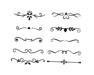 Fototapeta premium Text dividers doodle set. Wedding decorative elements. Divider ornament, borders, vintage line separators. Hand drawn vector illustration isolated on white background