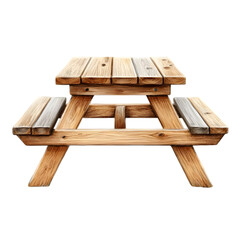 A rustic wooden picnic table ideal for outdoor gatherings and leisure activities in a natural setting.